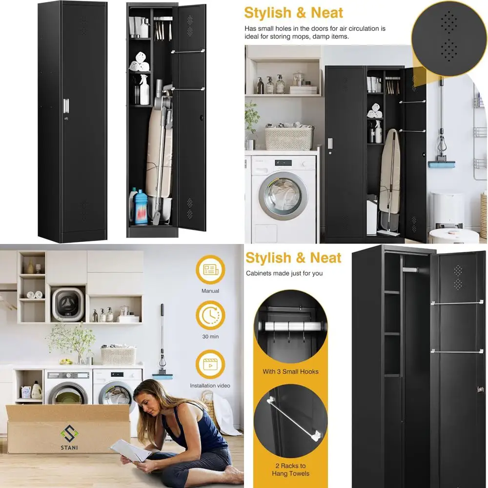 

Металлический шкаф для хранения инструментов и принадлежностей для чистки с запирающейся дверью, стойкой для метлы, органайзером для универсального шкафа