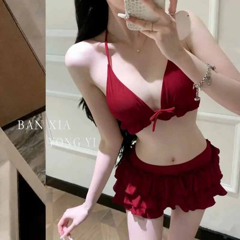 

Women's 3 Piece Halter Neck Ruffle Skirt Bikini Set Sexy Red Swimsuit