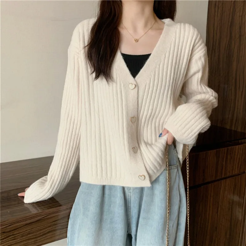 Women Autumn Simplicity Fashion Knitting Solid Color Cardigan V-neck Long Sleeve Knitwear Ladies Casual Appear Thin Trend Tops