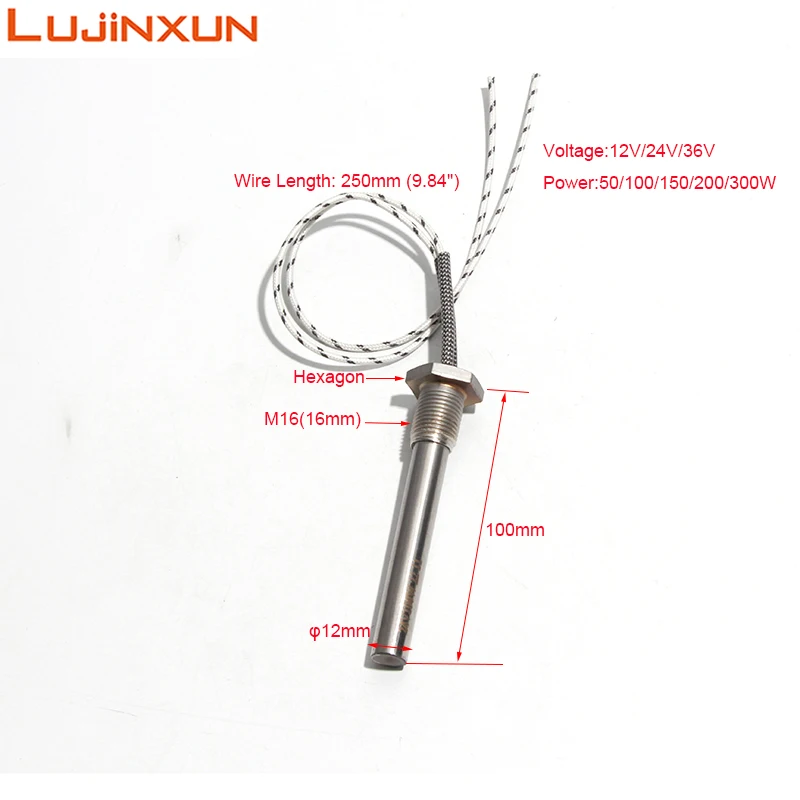 LUJINXUN Stainess Steel M16 x 1.5 Thread Cartridge Heater 12*100mm 12V/24V/36V/48V 100W-300W Electric Heating Element 1pc