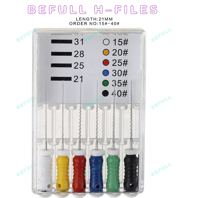 Arquivos H dentários para canal radicular endodôntico, arquivo de dentista, arquivos de tratamento, instrumentos, uso manual, 21mm, 25mm, 31mm, ferramentas de dentista, 6 unidades por pacote