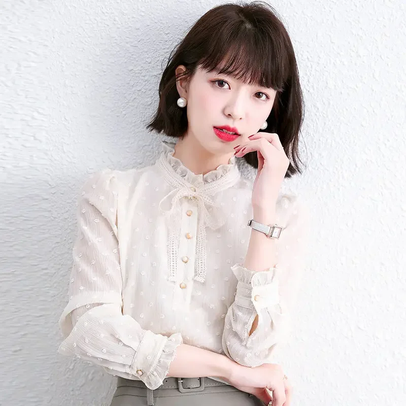 

Women Clothes Korean Lacing Bow Shirts 2025Autumn Simplicity Polka Dot Solid Color Chiffon Turn-down Collar Long Sleeve Blouse