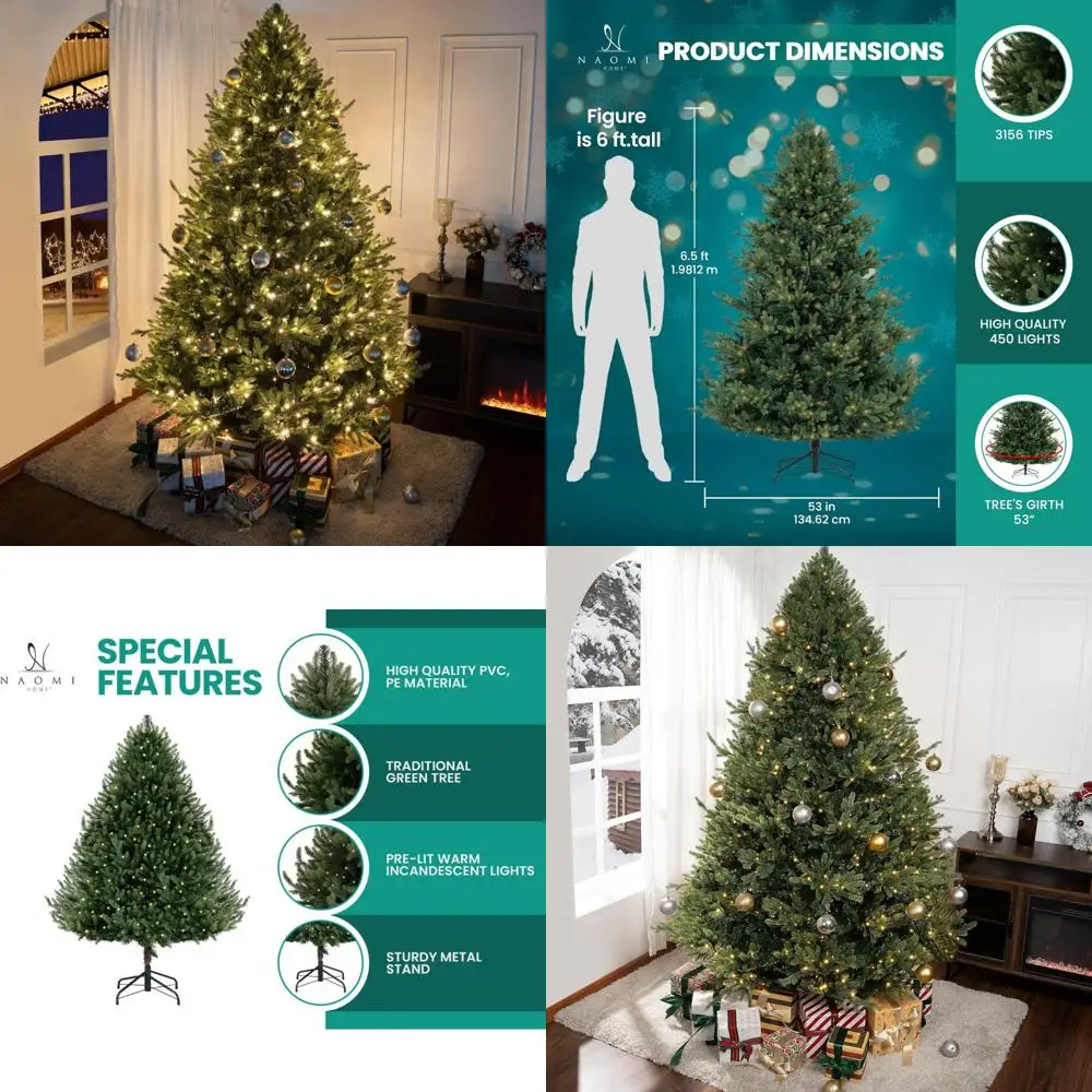 

Искусственная рождественская елка высотой 6,5 футов с предварительной подсветкой и 3156 наконечниками ветвей, 450 мягких теплых огней, металлическая подставка, ширина 53 дюйма, Реалис