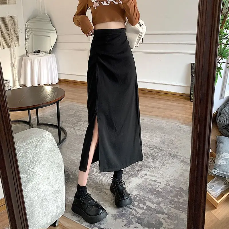 Midi Skirts Women Elegant Office Lady Folds Designed Chic Side-slit Spring Aesthetic Faldas Korean Style Daily All-match Temper