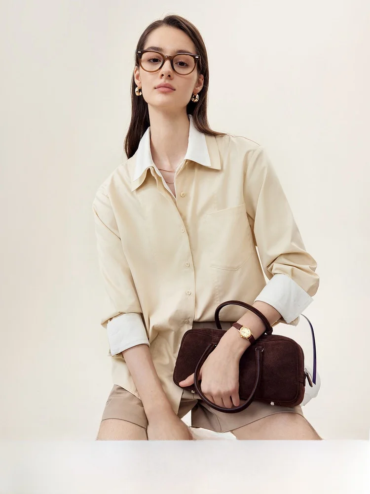 

Loose Casual Contrast Color Collar Slim H-ape Fake Two-Piece irt Pumpkin Valley Deconstructed Aesthetic 2026 New Arrival