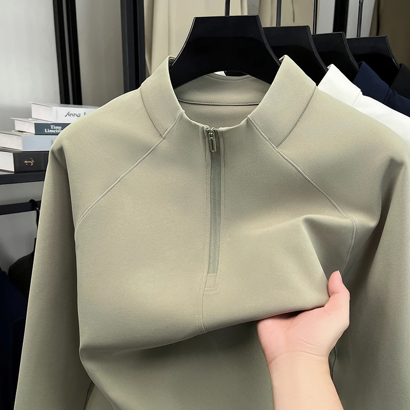

Легкая роскошная новинка весны и осени 2024, мужская футболка с длинными рукавами и молнией, повседневная рубашка-поло, деловая базовая рубашка