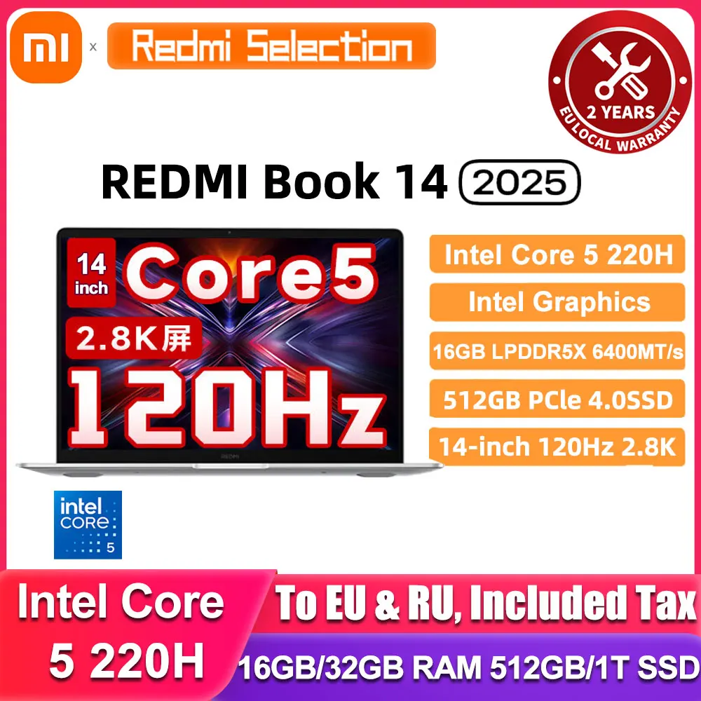 Xiaomi REDMI Book 14 portátil 2025 Core 5 procesador 220H Intel gráficos 16G/32G RAM 1TB SSD 14 pulgadas 2,8 K pantalla Notebook PC delgado