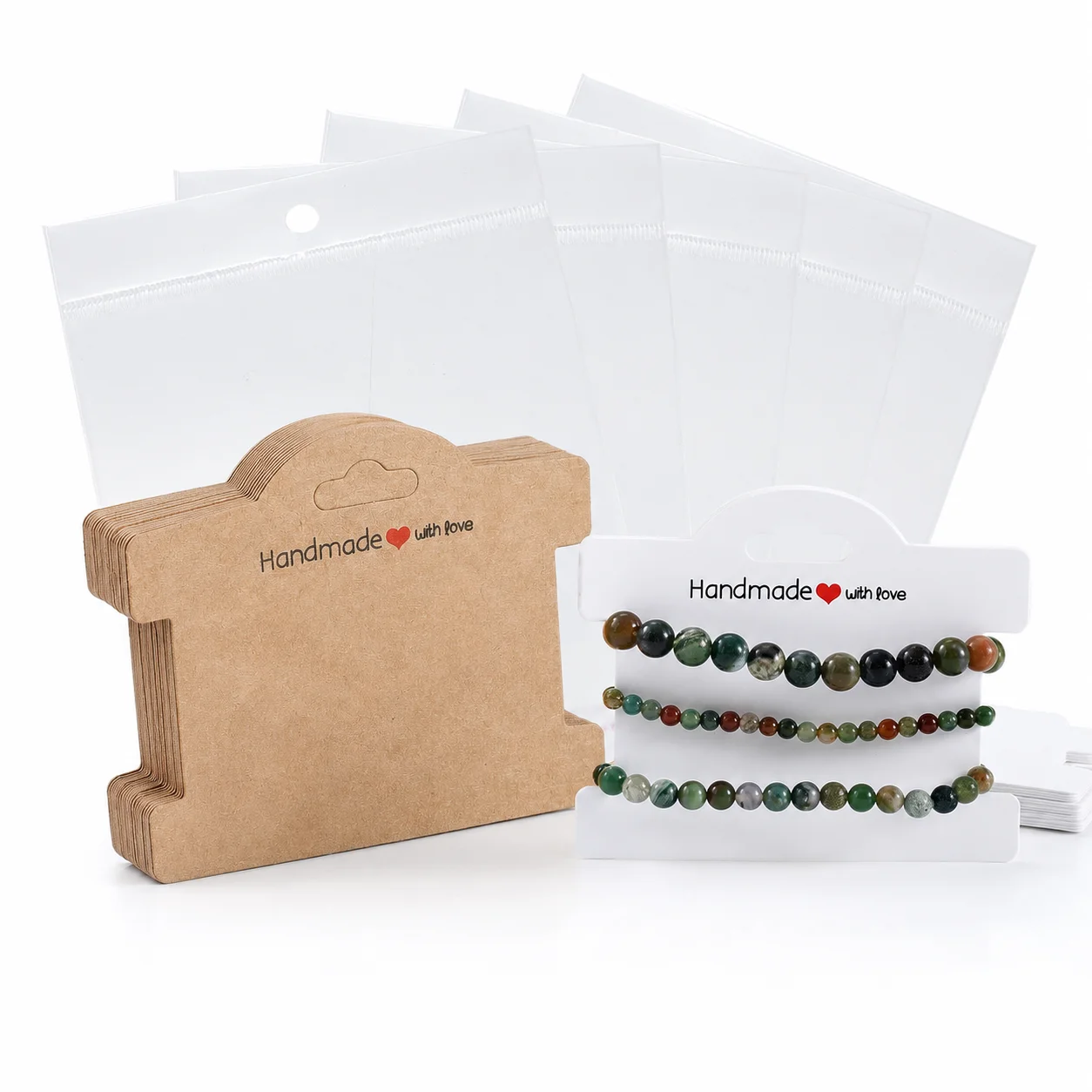 50 Stück Schmuck-Displaykarten aus Kraftpapier/weißem Papier mit der Aufschrift „Handmade With Love“ und 50 Stück transparente OPP-Beutel für die Schmuckverpackung – Detail 3