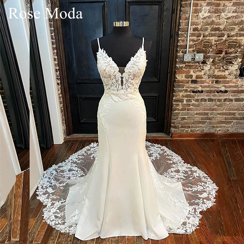 

Rose Moda Deep V Neck Mermaid Wedding Dresses with Lace Train Backless Destination Bridal Gown Custom Make