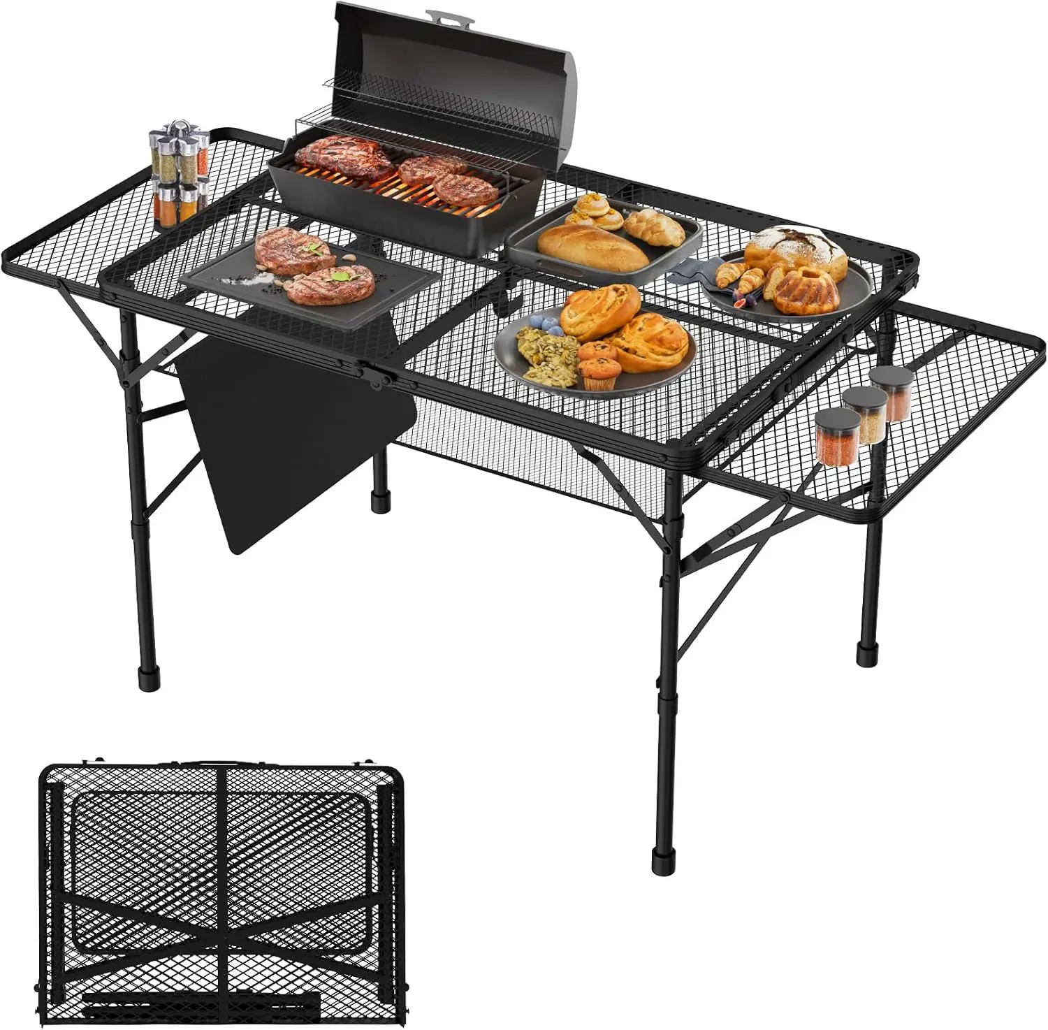 

Table with 2 Wing Panels, 3x2 FT Camping Table with Mesh Desktop,Height Adjustable Folding Grill Table with Mesh Bag,Por