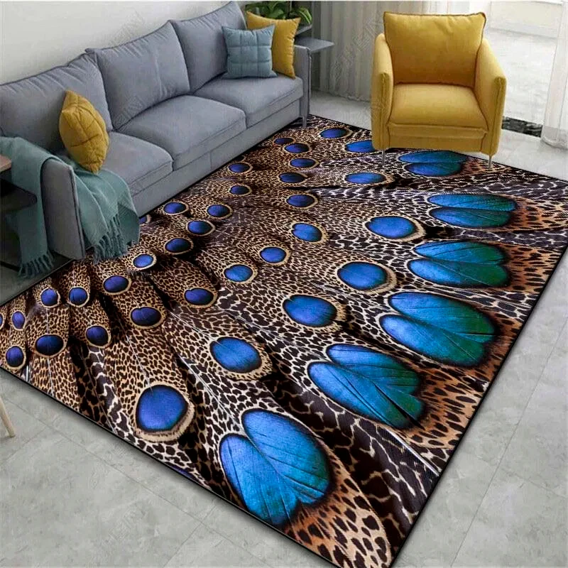 Peacock Feather Pattern Area Rug Colorful Animal Bird Fur Non-slip Carpet, Living Room Bedroom Polyester Mat Home Decor Doormat