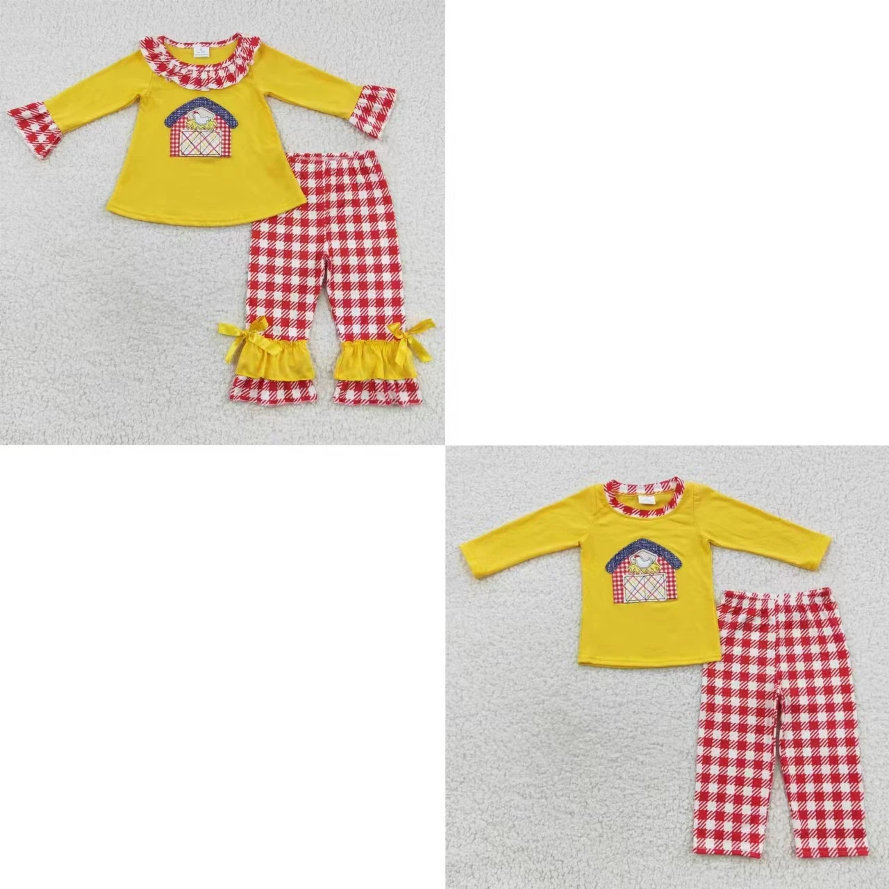 

Children Farm Sleepwear Set Nightclothes Kids Embroidery Chicken Cotton Shirt Red Plaid Pants Matching Boy Girl Outfit Pajamas