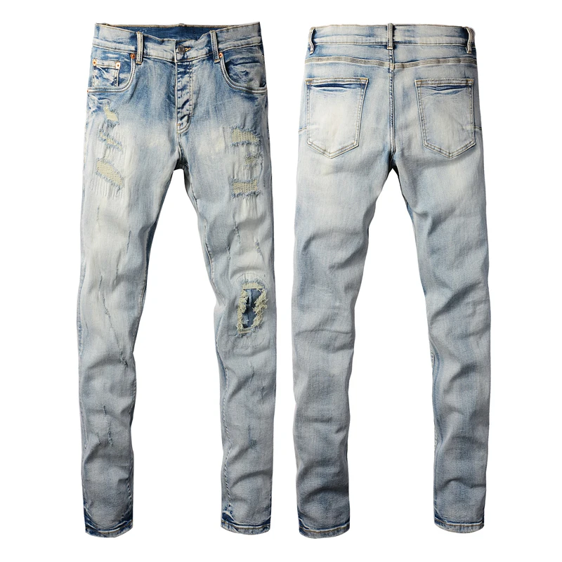 

Men's Jeans Light Blue Ripped Wash Water To Make Old Stretch Straight Trousers Street Harajuku Style Jeans Women’s Jeans