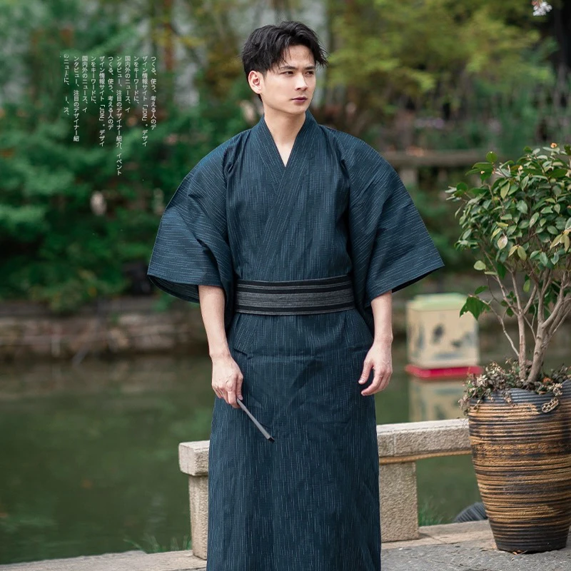 Japanese Traditional Samurai Kimono For Men Yukata Bathing Robe Hekoobi Loose Style Sauna Wear Homewear Belt Long Gown Cotton