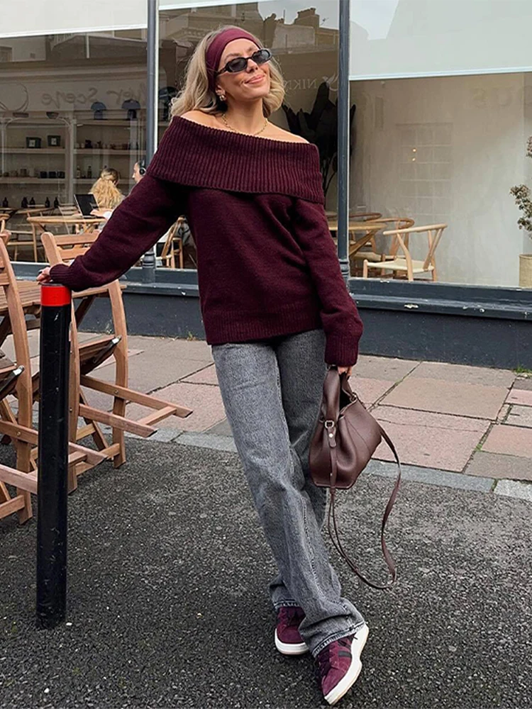 Angola Red Knit Pullover Women Sexy Off Shoulder Long Sleeves Sweater Female 2024 Winter Fashion Solid Street Knitwears Lady