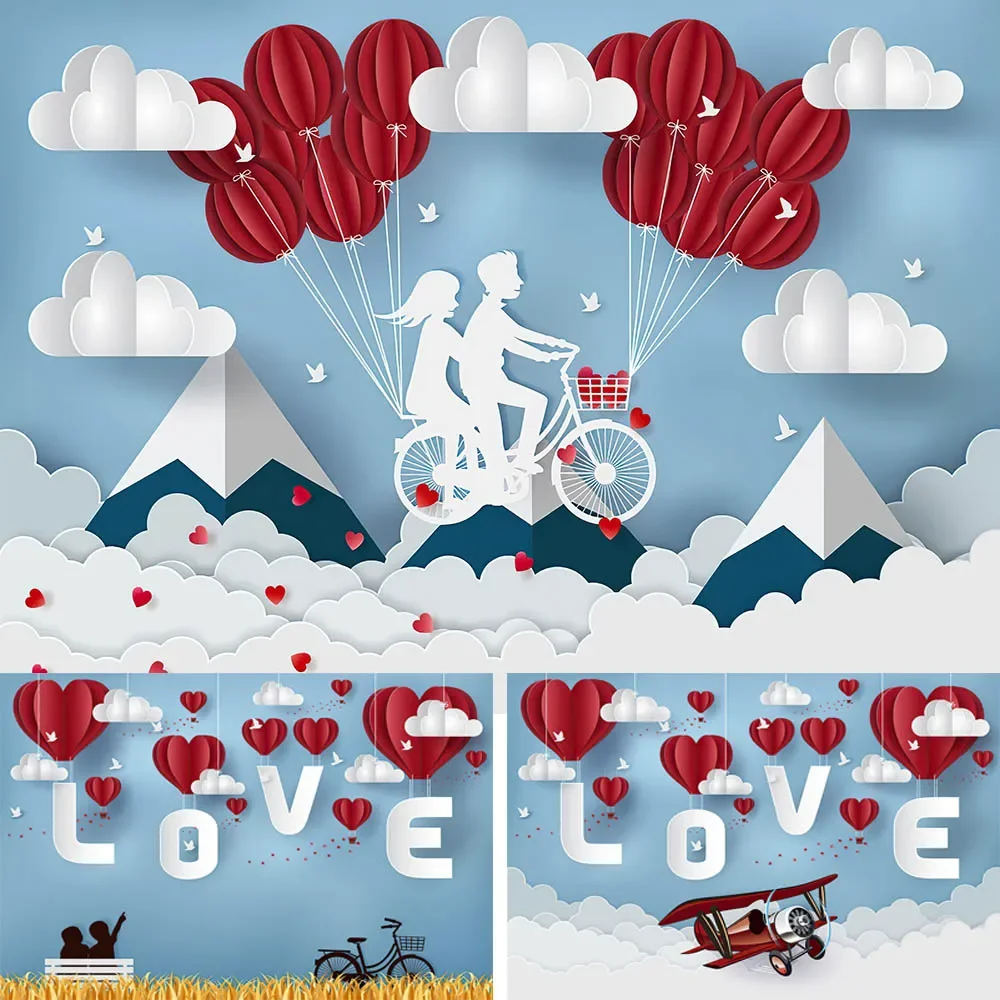 

Valentine's Day Photography Backdrops February 14th Romantic Paper Cut Style Birthday Portrait Wedding Bridal Shower Background