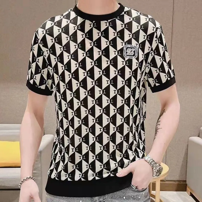 2023 Summer Contrasting Color Splicing Letters T Shirt Men Breathable Mesh Short Sleeve T-Shirt Social Club Outfits O-neck Tee