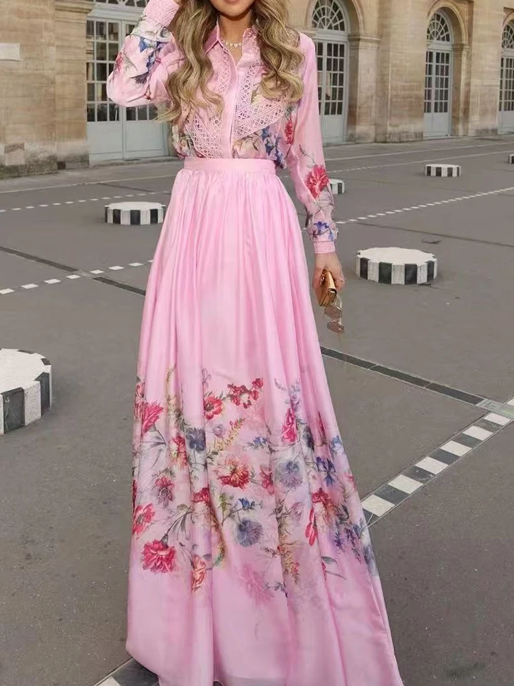 

In the spring of 2025, the new two-piece lapel long-sleeved shirt top, high waist and big skirt fashion printed women's suit.