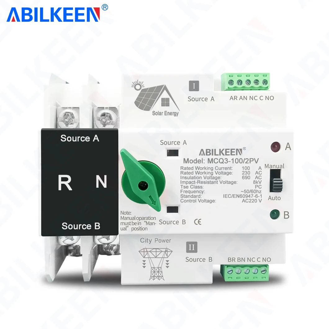 

ABILKEEN 2P PV Двухканальный переключатель питания AC110V/220V, мини-АВР (автоматический/ручной переключатель) 16А~100А, крепление на DIN-рейку