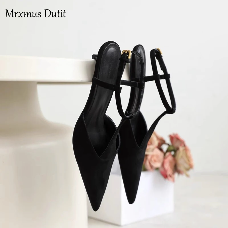 Mrxmus Dutit 2024 Spring New Comfortable Pointed Sandals Minimalist temperament slim heel pointed toe single shoes