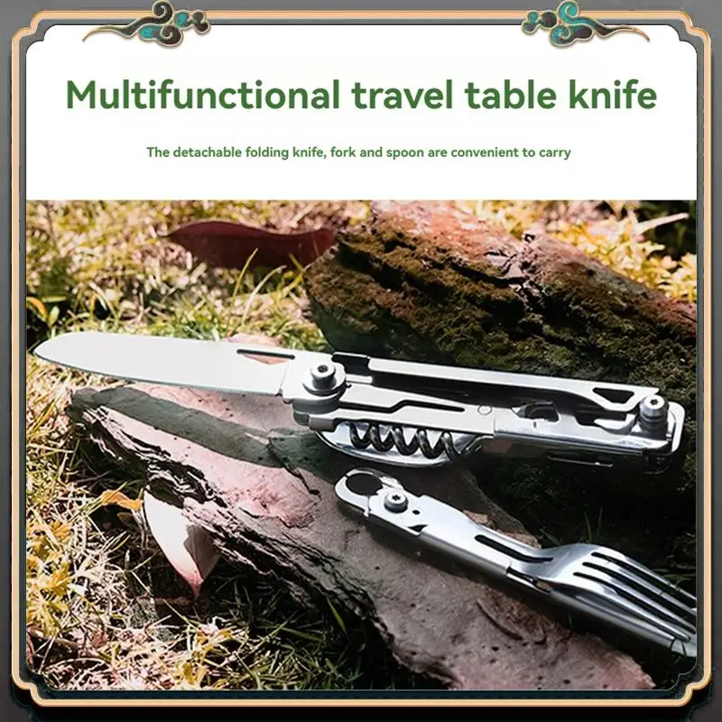 

Premium 6-In-1 Portable Camping Utensil Set Multifunctional Folding Camping Tableware Knife Fork Spoon Can Opener Folding Tablew