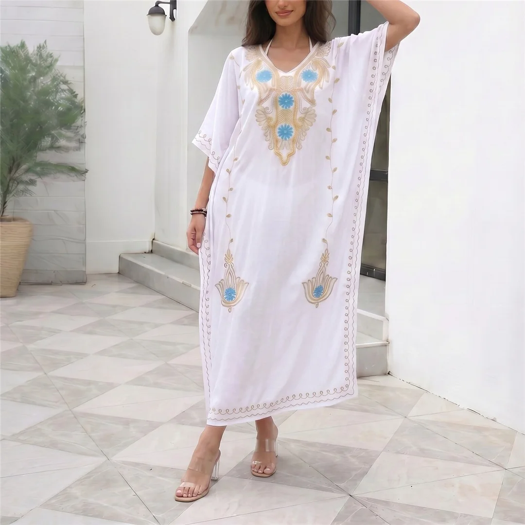 Bedrucktes Halbarm-Strickkleid mit V-Ausschnitt, Häkel-Strick-Tunika, Strand-Cover-Up, Strandkleid, Strandmode, Damen V8318 – Detail 4