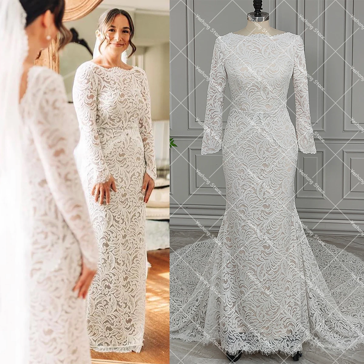 Mermaid Long Fitted Sleeves Wedding Dress Rustic Boat Neck Backless Plus Size Countryside Floral Lace Customized Bridal Gown