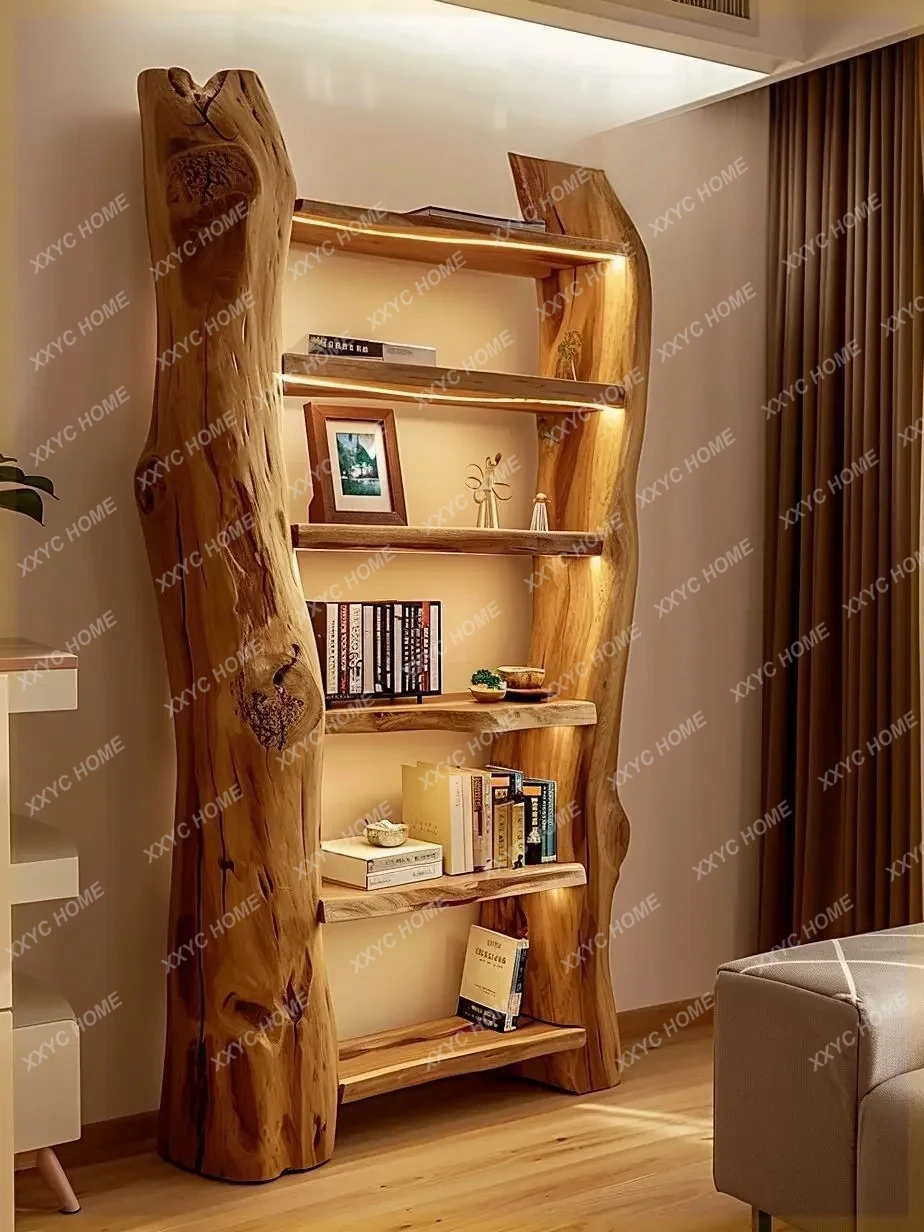 

HMJSolid wood storage log retro bookshelf living room new Chinese multi-layer bookcase display natural dead wood tree shelf