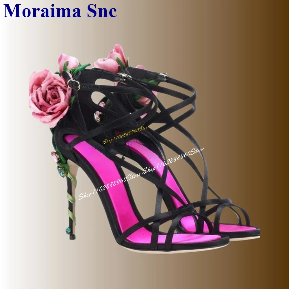 Stylish Floral Black Rose Decor Sandals Thin High Heel Women Shoes Ankle Buckle Strap Open Toe 2024 Fashion Zapatos Para Mujere