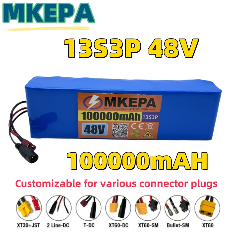 13S3P 48V 100000mAh 100Ah lithium-ion battery pack with 1000W BMS, suitable for 54.6V electric bicycles, scooters, and chargers