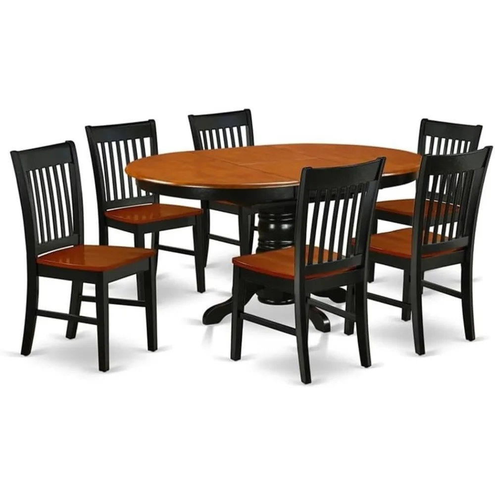 7 Piece Dining Room Furniture Set Consist of an Oval Kitchen Table with Butterfly Leaf and 6 Dining Chairs, 42x60 Inch, Black