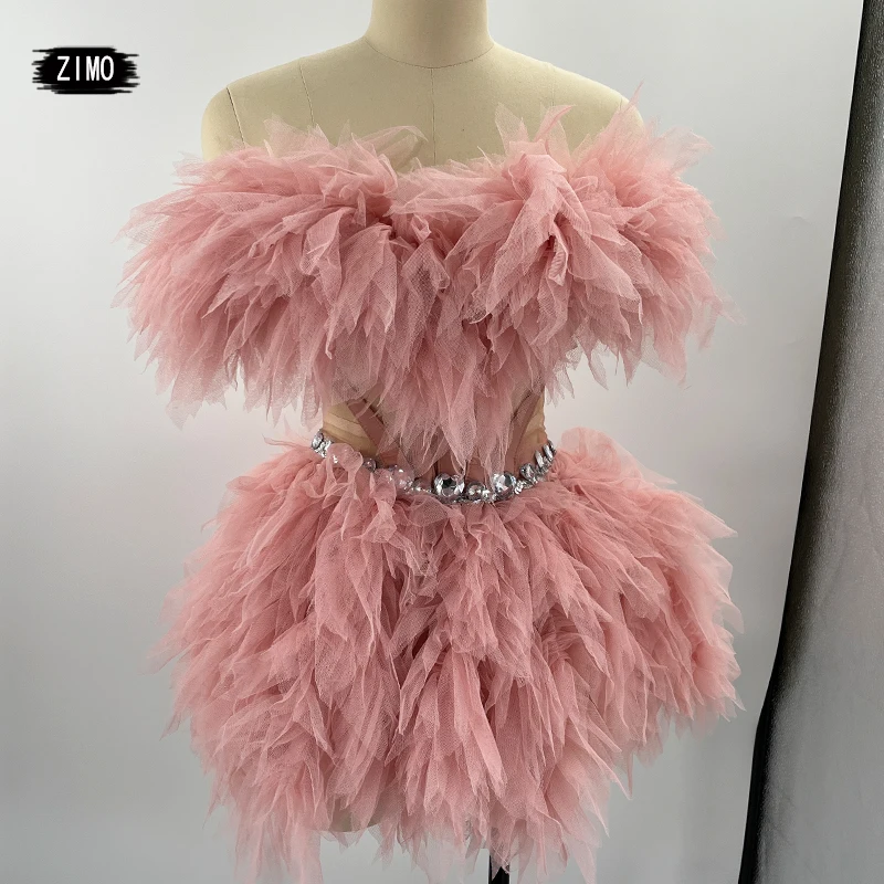 Custom Fashion Roze Paarse Jurk Crystal Top En Rok Twee Sets Dance Lace Verjaardagsfeestje Club Ds Performance Drag Queen Kostuum