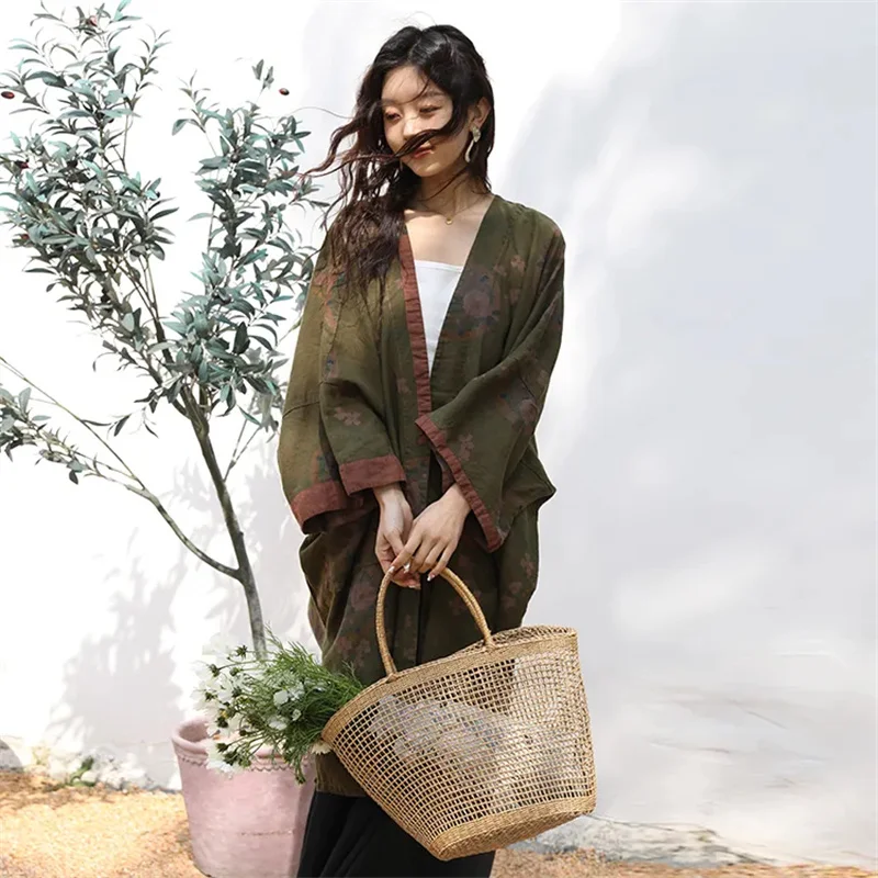 Spring Autumn Ethnic Linen Fashion Printed Windbreaker Outwear Mid-Long Retro Split Loose Cardigan Large Size Trench Coat Female