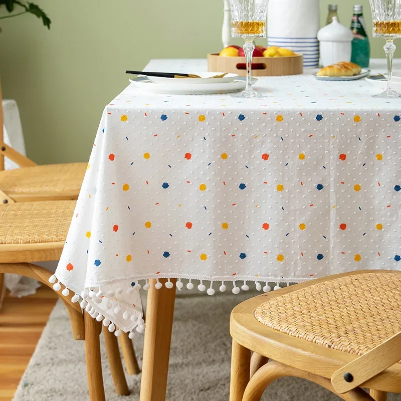 White Pompom Tablecloth Rectangle Boho Jacquard Dust-Proof Table Cover for Kitchen Dinning Living Room Tabletop Home Decorations