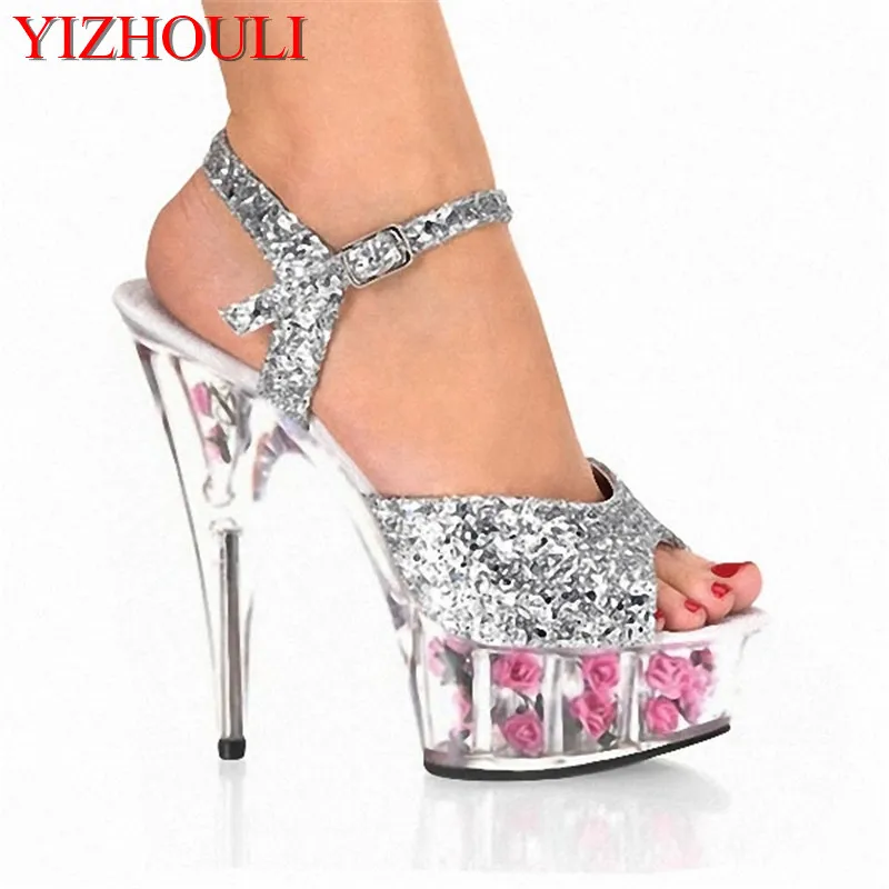 

Unique sequined material upper, transparent sole rose platform, model 15 cm runway high-heeled dance shoes