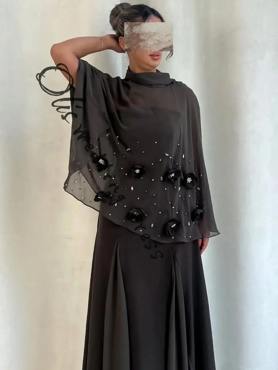 

customized Long Sleeve Prom Dresses High Neck Ankle Length Pleated Chiffon Beadings Flowers Party Dresses Evening Dresses