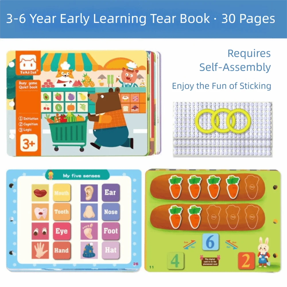 Montessori Giocattolo per l'educazione precoce Gioco di abbinamento Materiale educativo Adesivo con gancio e anello Libro Sviluppo sensoriale Autoassemblato