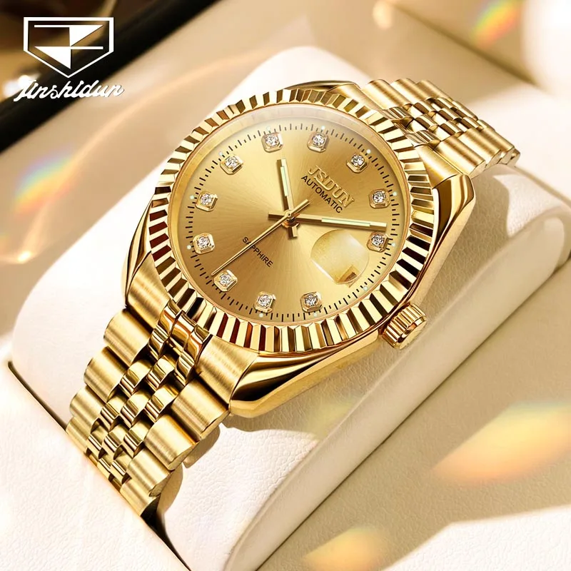 

JSDUN Brand Luxury Gold Mechanical Watch Men Stainless Steel Waterproof Clock Fashion Business Men Calendar Watch Reloj Hombre
