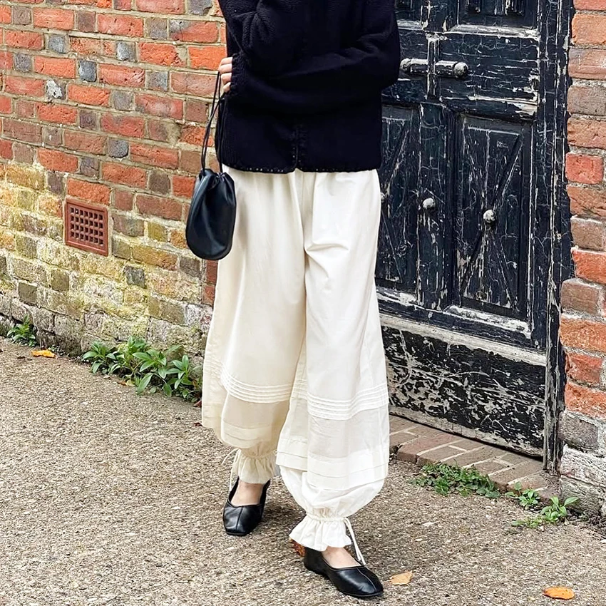 Elegant Loose Apricot Lantern Pants For Woman 2026 Autumn Street Chic Long Lace Up Pants Casual Sheer Elastic Waist Trousers