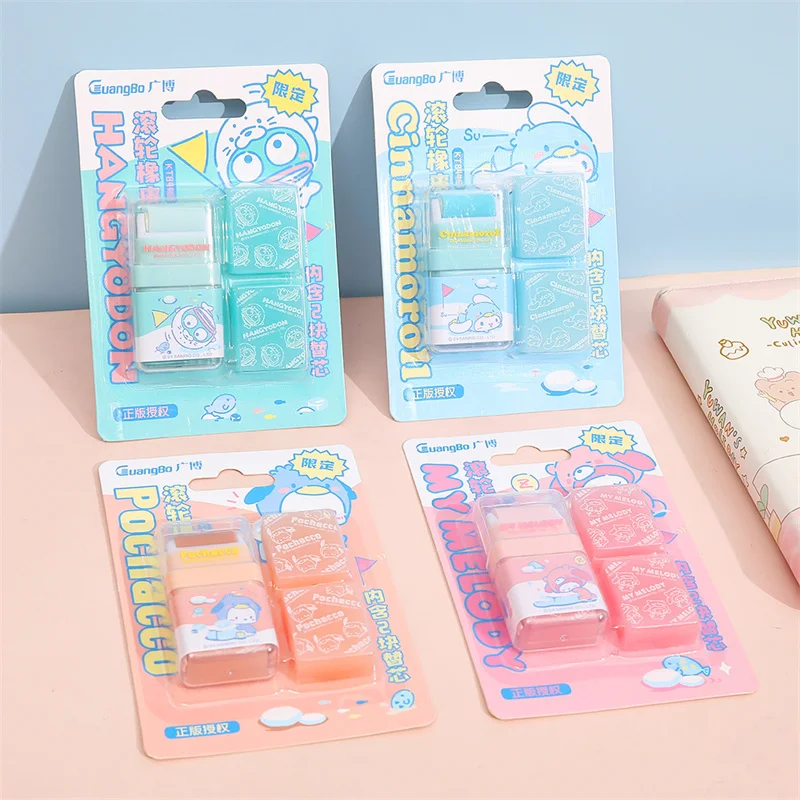 12 pcs/lot Kawaii Sanrio Roller Eraser Set Cute Writing Drawing Rubber Pencil Erasers Stationery For Kids Gifts School Supplies