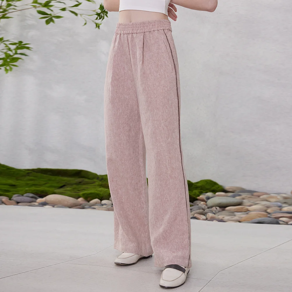 K1187W In Stock Luxury Elastic Waist Chain Womens Suits Pants Overalls Women 100% Linen Pants Women's Clothing