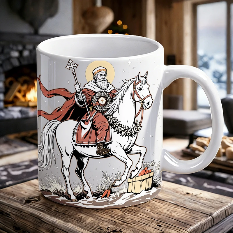 

Vintage-style Saint Nicholas White Horse Ceramic Mug, coffee cup, milk cup, office tea cup, drinking cup, fade-resistant