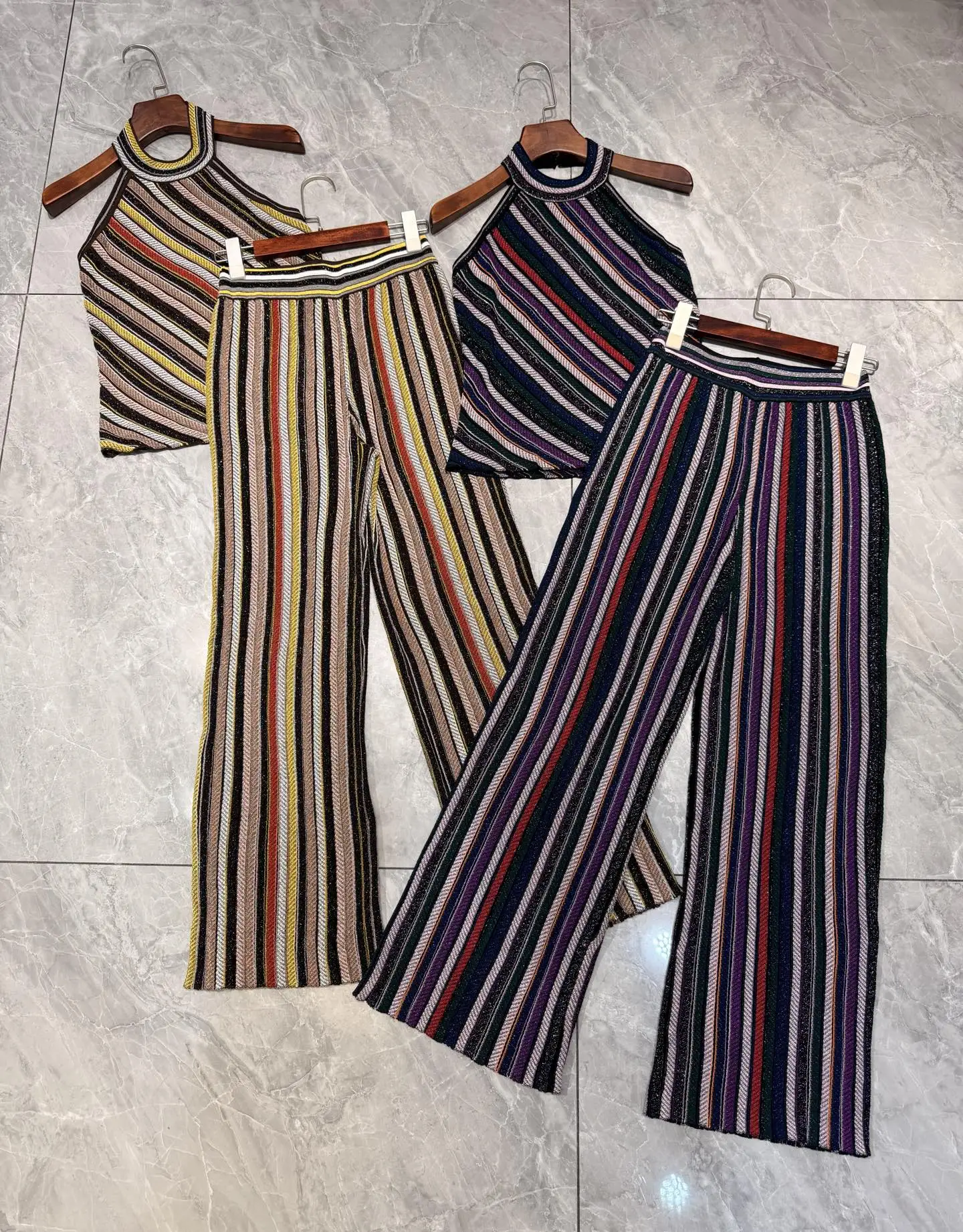 Women Metallic Striped Knitted Set Halter Round Neck Sleeveless Vest + Elastic Waist Straight Long Pants Vintage Knit Suits