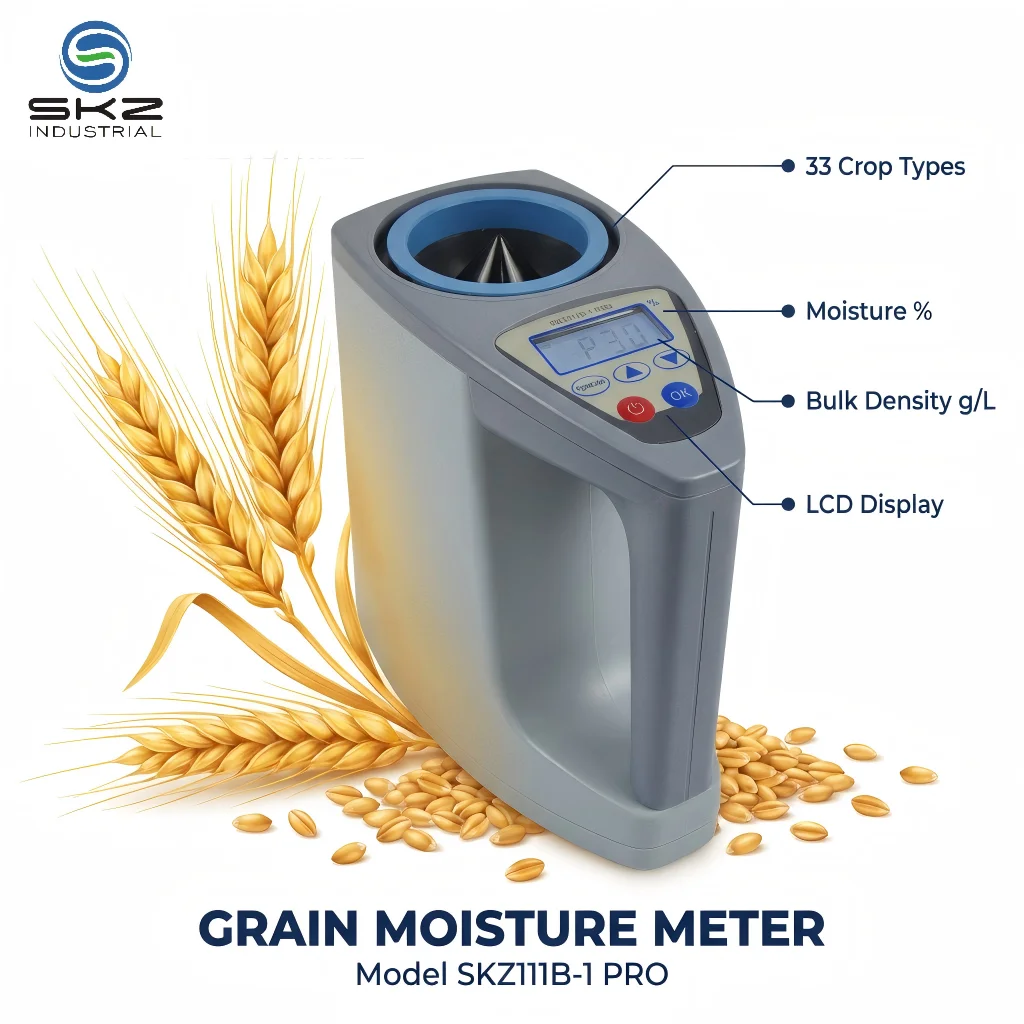 SKZ111B-1 Pro 3-35% Range Digital Moisture Meter Tester 33 Kinds for Paddy Rice Coffee Bean Cocoa Auto Power Off ≤10s Test