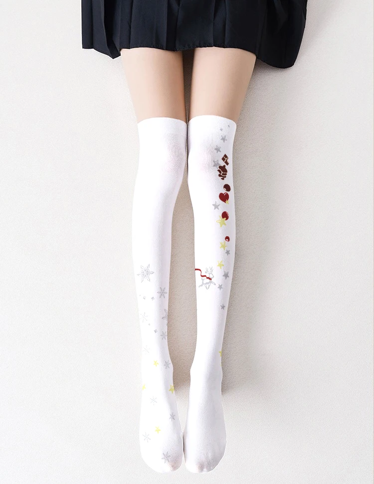 Ladies Sexy Long Tube Knee Stockings Lolita Sweet Star Thigh Nylon Stockings Cosplay Two Dimension Japanese Girl White Socks