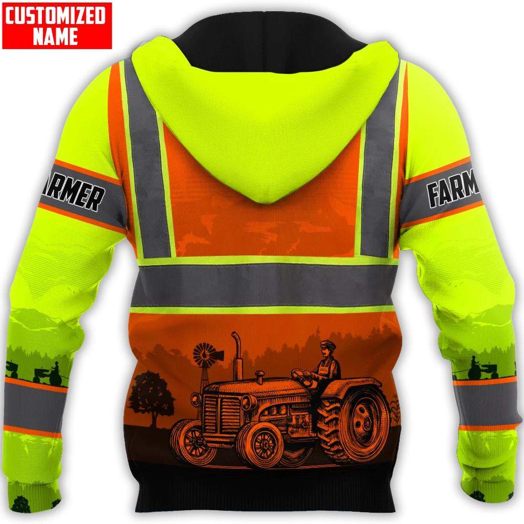 Farmer Tractor in field Safety Orange Custom name 3D All Over Printed Mens Hoodies & Sweatshirt Unisex Casual zip hoodies MT-38