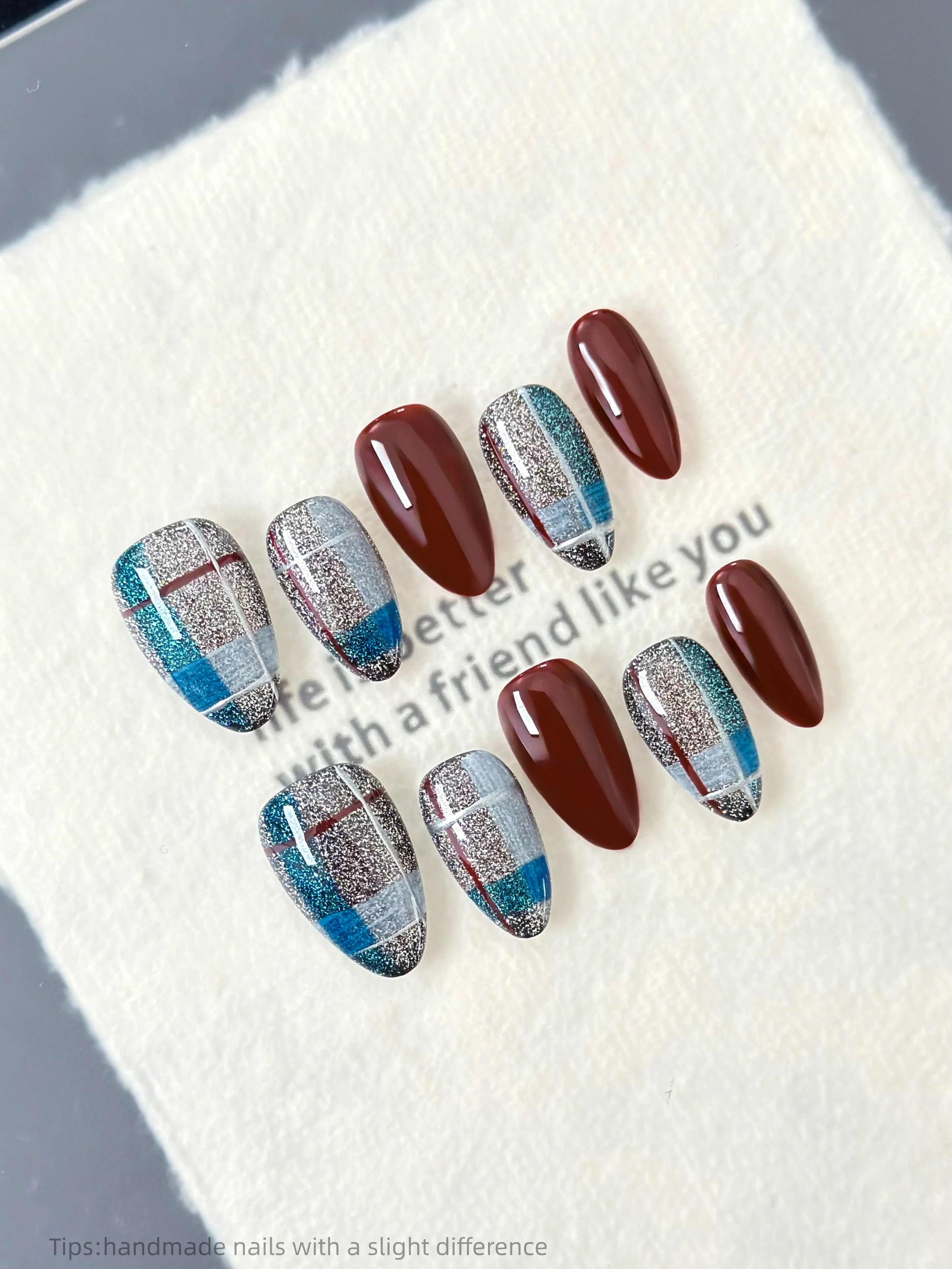 

10 шт., накладные ногти ручной работы в полоску, блестящие дизайны «кошачий глаз», накладные ногти, сладкий стиль, коричневые, синие, накладные ногти для женщин и девочек