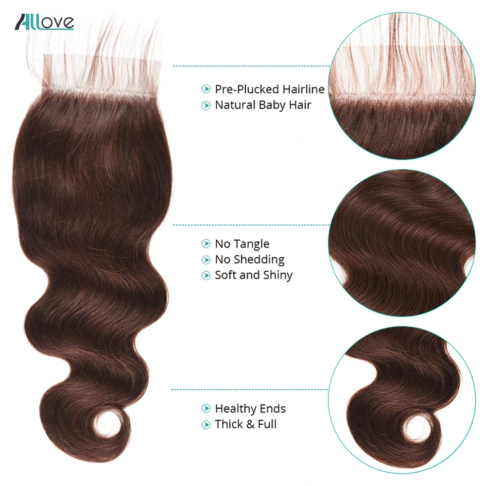 Allove Schokolade Braun Bundles Mit Verschluss Transparenter Spitze Verschluss Mit Körper Welle Bundles Farbige Brasilianische Remy Haarwebart