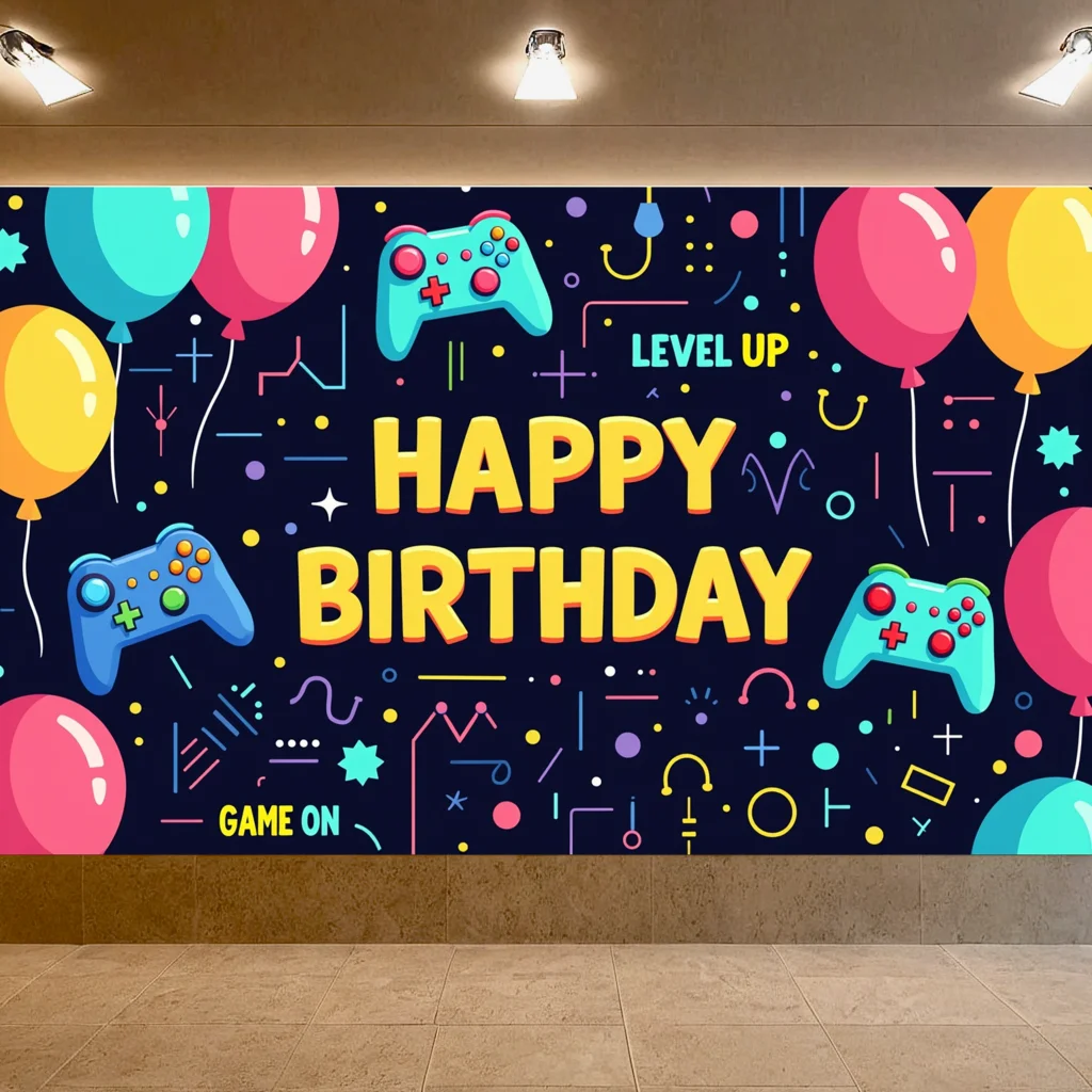 Gaming Birthday Banner Colorful Backdrop with Balloons Game Controllers for Party Decoration Kids Celebration Wall Background