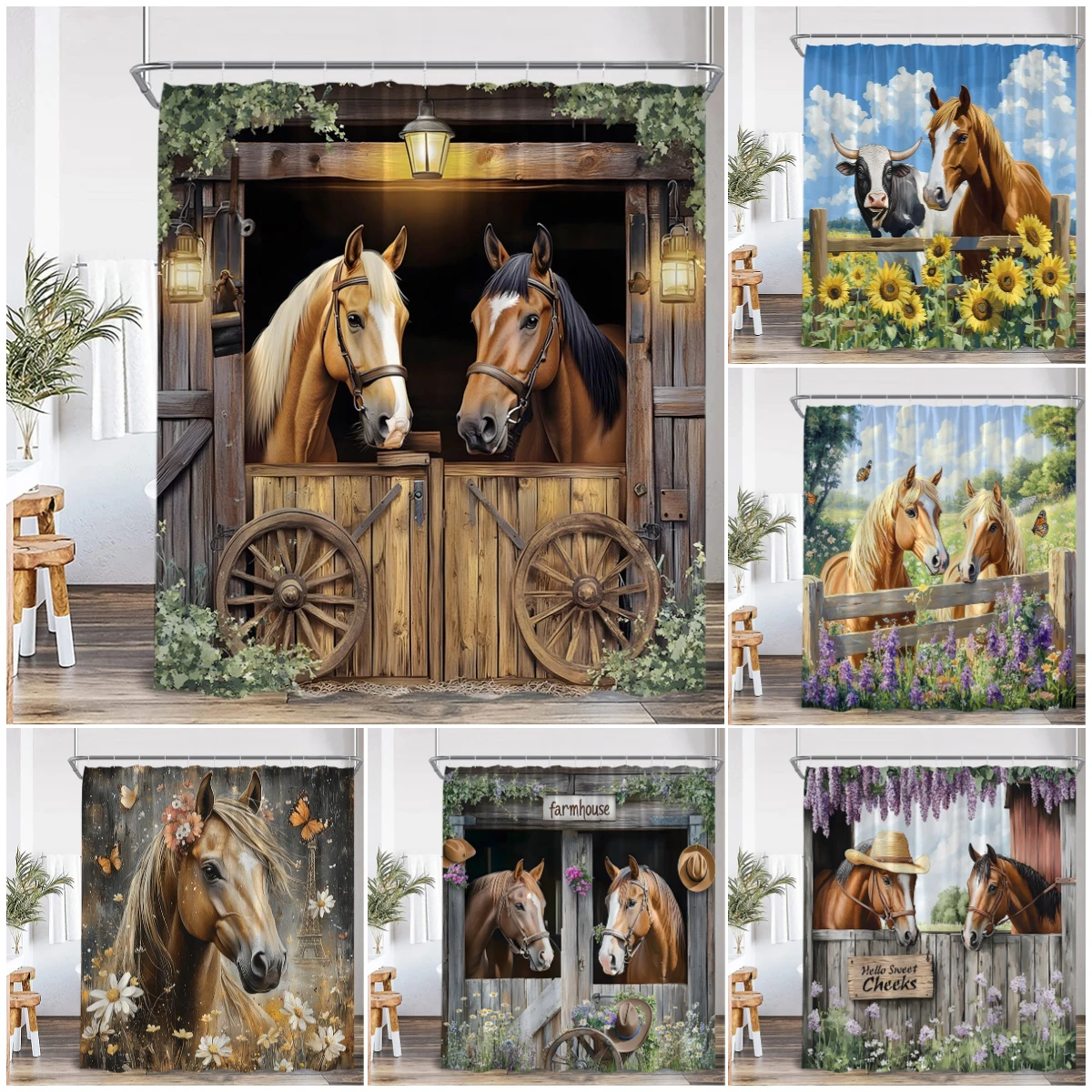 

Western Barn Horse Shower Curtains Sunflower Lavender Floral Farmhouse Wooden Door Farm Animal Bathroom Curtain Decor with Hooks